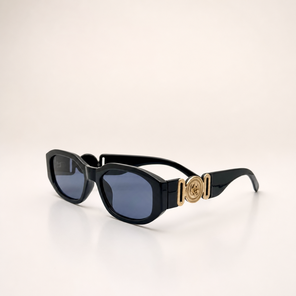 Vintage Rectangle Black Sunglasses | Retro Designer-Inspired Shades | Gold Medallion Statement Glasses | UV Protection Women Sunglasses