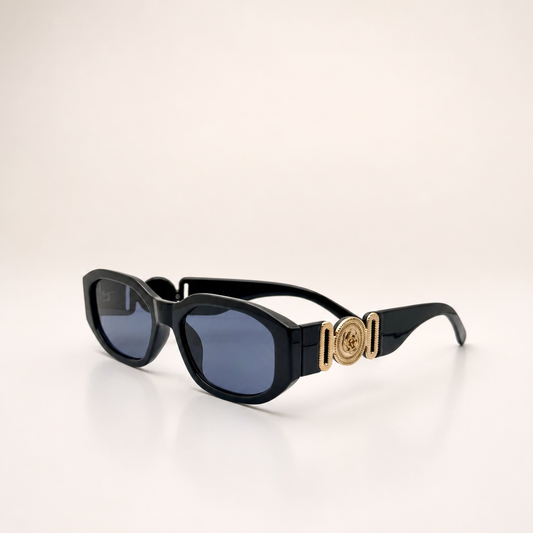 Vintage Rectangle Black Sunglasses | Retro Designer-Inspired Shades | Gold Medallion Statement Glasses | UV Protection Women Sunglasses