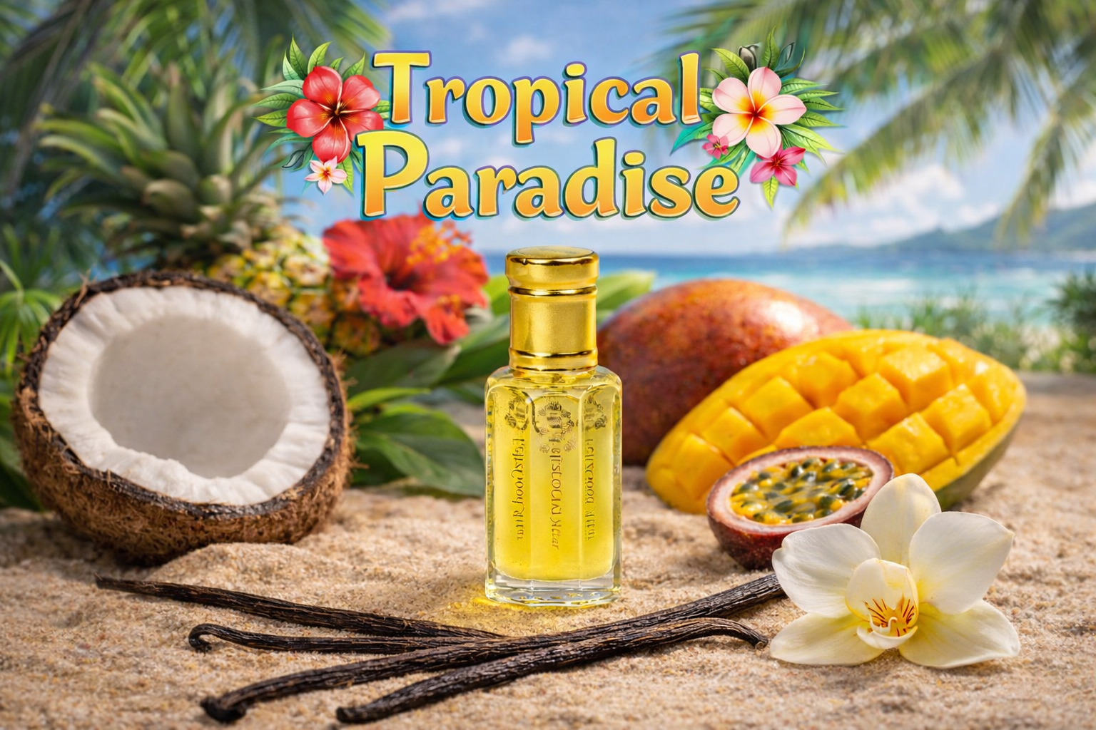 Tropical Paradise product with coconut, mango, passion fruit, vanilla beans, and flowers on a beach background.