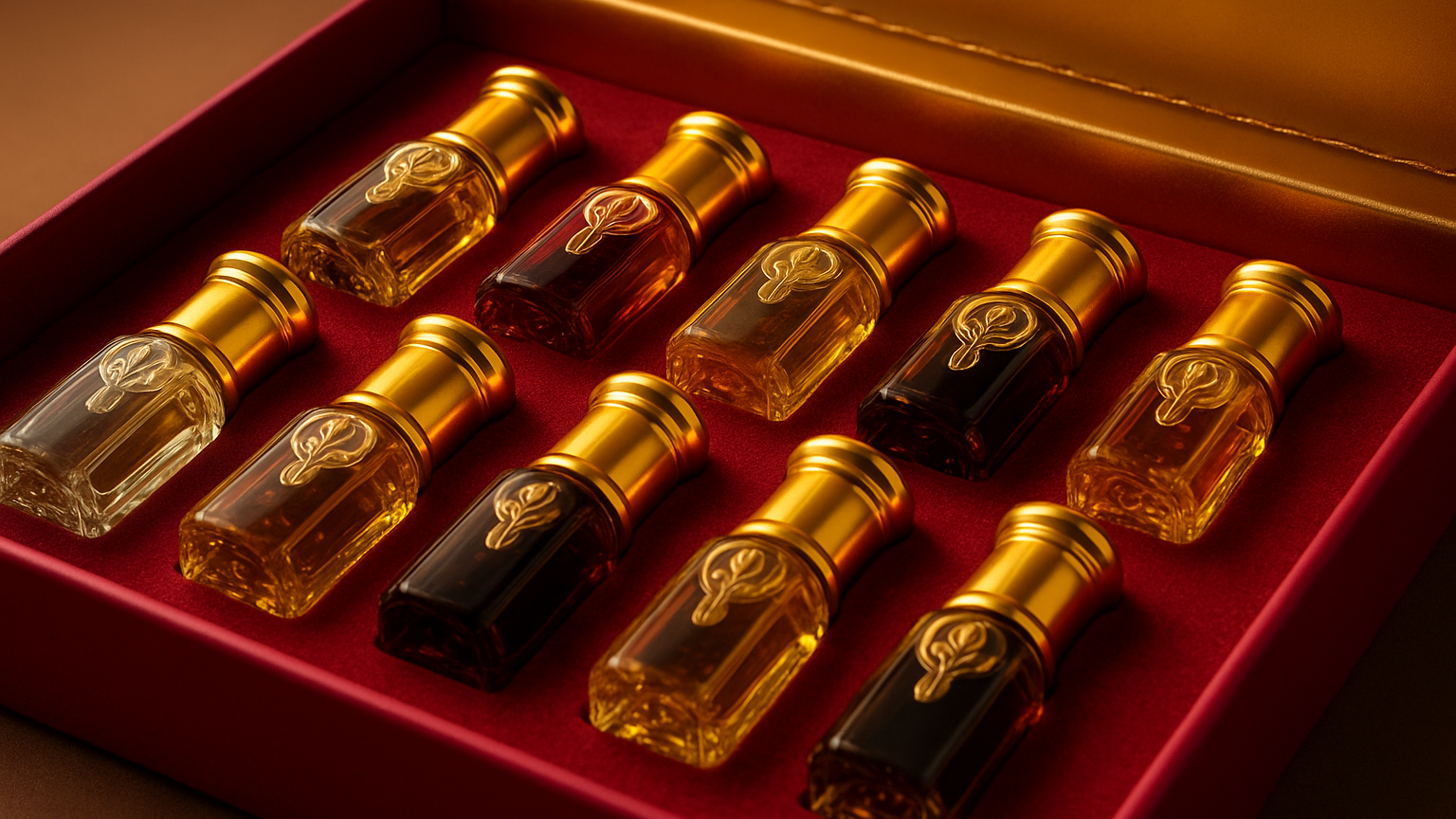 Set of small attar bottles with gold caps in a red box