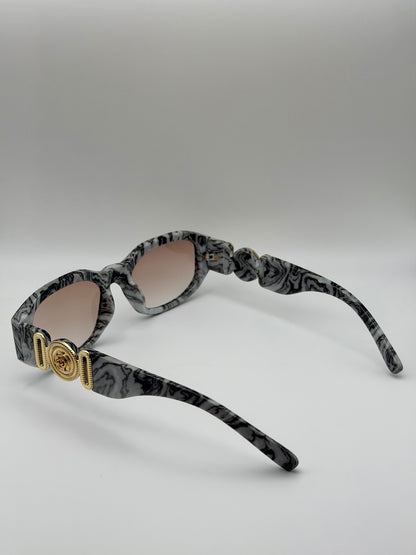 Vintage Rectangle Black Sunglasses | Retro Designer-Inspired Shades | Gold Medallion Statement Glasses | UV Protection Women Sunglasses