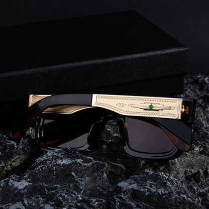 Vintage-Inspired Polarized Sunglasses: Square Multicolors Frame, Gold Temples, UV400 Protection with Personalized Sunglasses Case