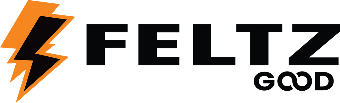 FeltzGood Logo with a stylized lightning bolt on an orange background