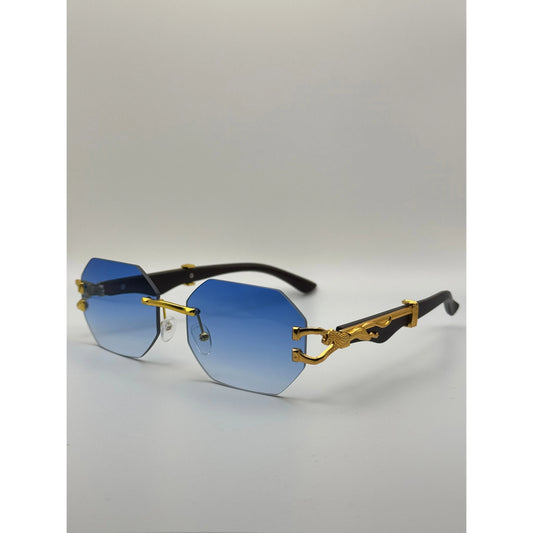 Luxury Rimless Hexagonal Blue Gradient Sunglasses with Gold Panther Detail - Trendy Designer Eyewear for Men and Women