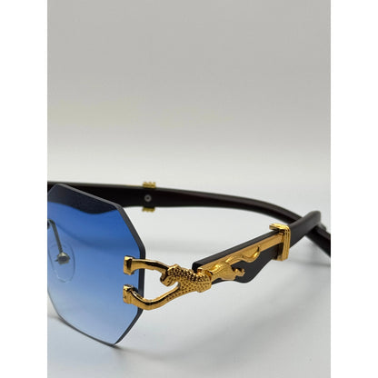 Luxury Rimless Hexagonal Blue Gradient Sunglasses With Gold Panther Detail Trendy Designer Eyewear For Men And Women adjustable tint sunglasses - View 3
