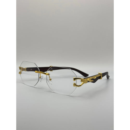 Luxury Rimless Clear Lens Hexagonal Eyeglasses with Gold Panther Detail - Stylish UV400 Unisex Designer Glasses