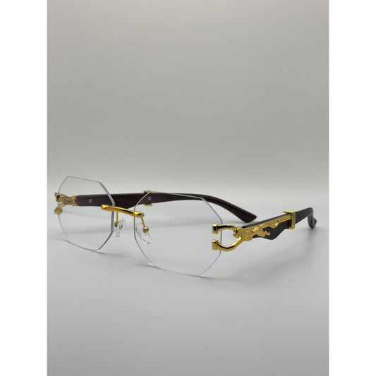 Luxury Rimless Clear Lens Hexagonal Eyeglasses with Gold Panther Detail - Stylish UV400 Unisex Designer Glasses