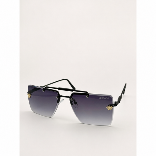 Luxury Rimless Square Sunglasses – Gradient Lens with Gold Medusa Accent | Unisex Vintage Style Shades | Black Metal Frame