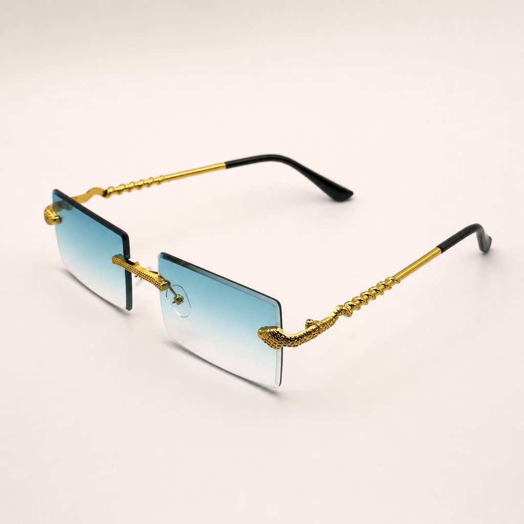 Luxurious Dragon Arm Square Rimless Sunglasses - Multicolor Lenses, Gold Snake Frame, Unisex Festival Shades with Personalized Case