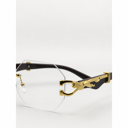 Luxury Rimless Clear Lens Hexagonal Eyeglasses with Gold Panther Detail - Stylish UV400 Unisex Designer Glasses