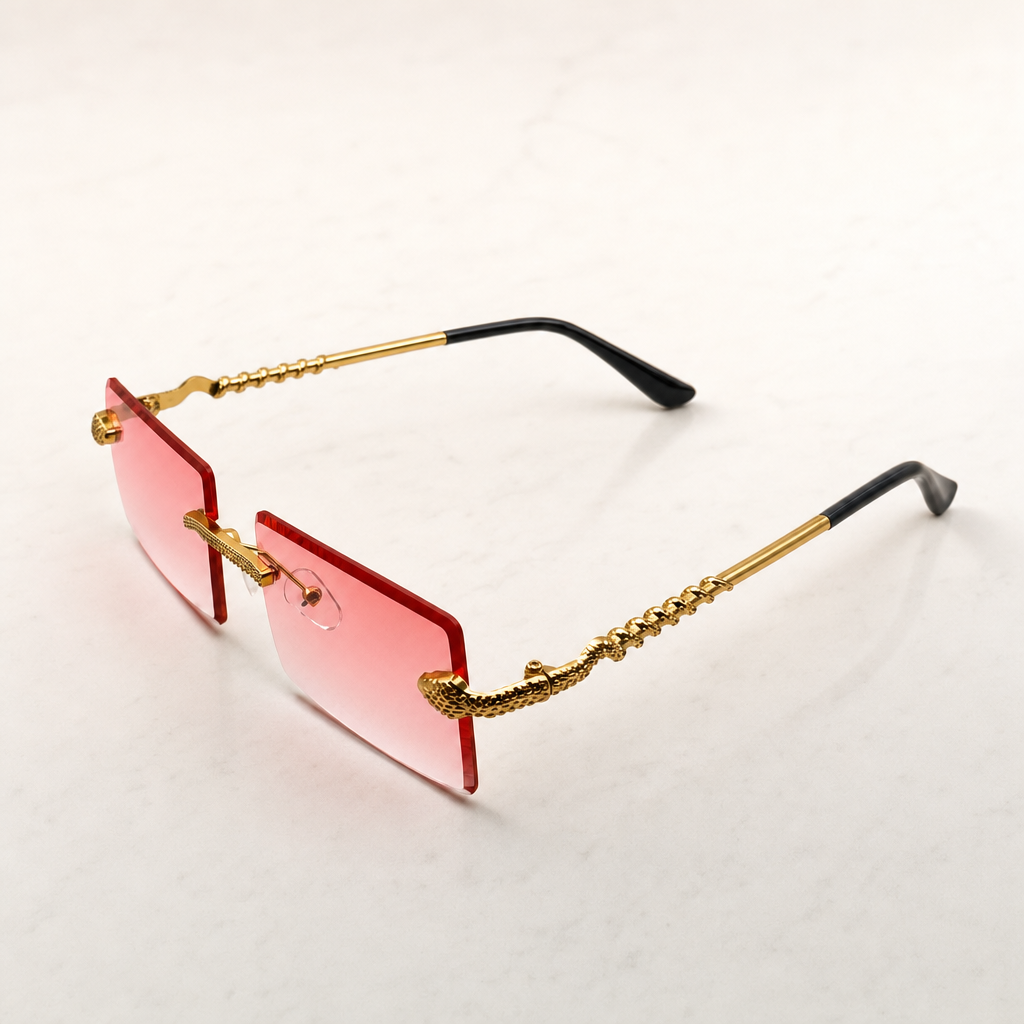 Luxurious Dragon Arm Square Rimless Sunglasses - Multicolor Lenses, Gold Snake Frame, Unisex Festival Shades with Personalized Case