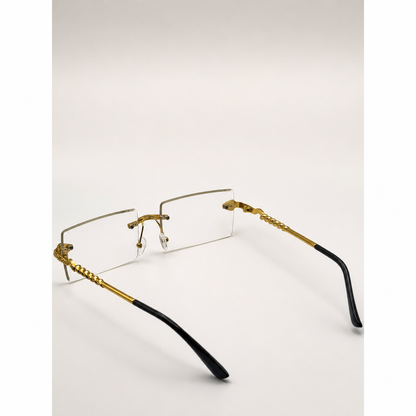 Luxurious Dragon Arm Square Rimless Sunglasses - Multicolor Lenses, Gold Snake Frame, Unisex Festival Shades with Personalized Case