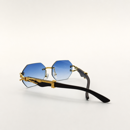 Luxury Rimless Hexagonal Blue Gradient Sunglasses with Gold Panther Detail - Trendy Designer Eyewear for Men and Women