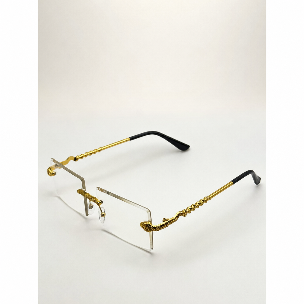 Luxurious Dragon Arm Square Rimless Sunglasses - Multicolor Lenses, Gold Snake Frame, Unisex Festival Shades with Personalized Case