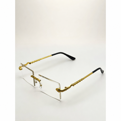 Luxurious Dragon Arm Square Rimless Sunglasses - Multicolor Lenses, Gold Snake Frame, Unisex Festival Shades with Personalized Case