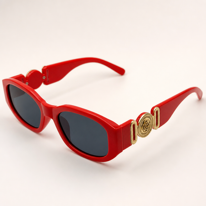 Vintage Rectangle Black Sunglasses | Retro Designer-Inspired Shades | Gold Medallion Statement Glasses | UV Protection Women Sunglasses