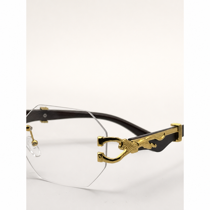 Luxury Rimless Clear Lens Hexagonal Eyeglasses with Gold Panther Detail - Stylish UV400 Unisex Designer Glasses