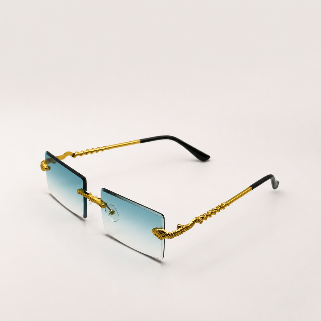 Luxurious Dragon Arm Square Rimless Sunglasses - Multicolor Lenses, Gold Snake Frame, Unisex Festival Shades with Personalized Case