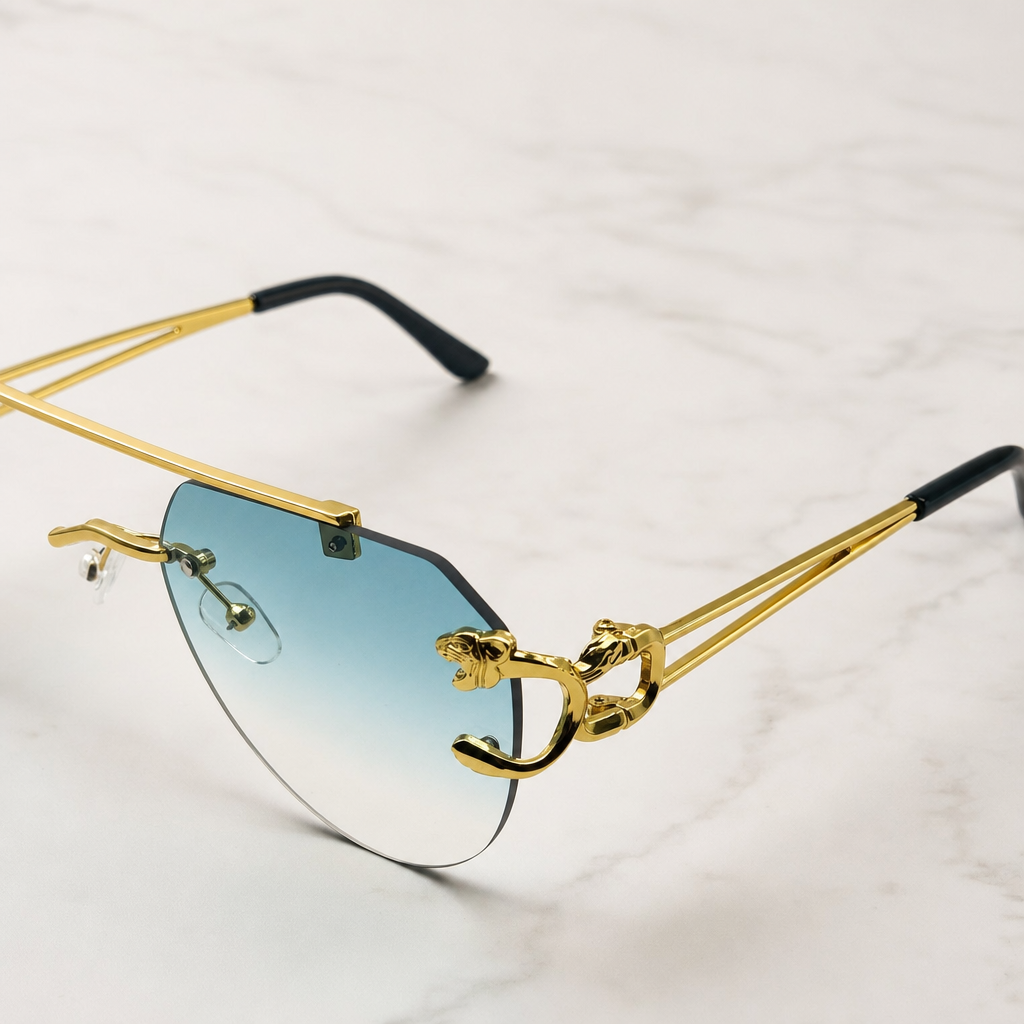 Bold Gold Panther-Arm Aviator Sunglasses: Rimless Blue Gradient Lens, Luxury Fashion Shades with Personalized Sunglasses Case