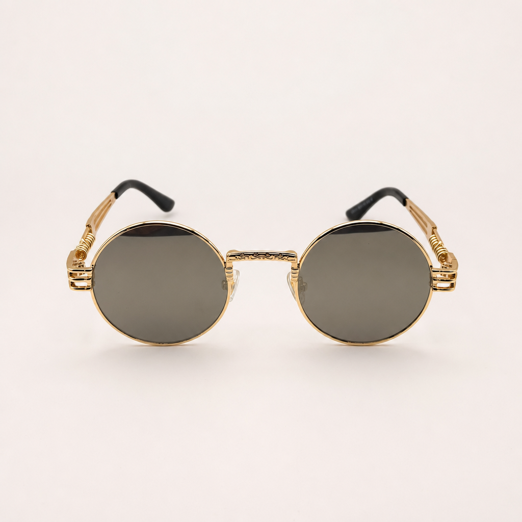 Retro Steampunk Round Sunglasses – Gold/Black Wire Frame UV400 Eyewear
