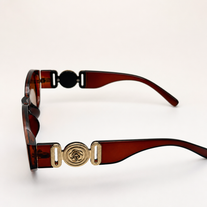 Vintage Rectangle Black Sunglasses | Retro Designer-Inspired Shades | Gold Medallion Statement Glasses | UV Protection Women Sunglasses