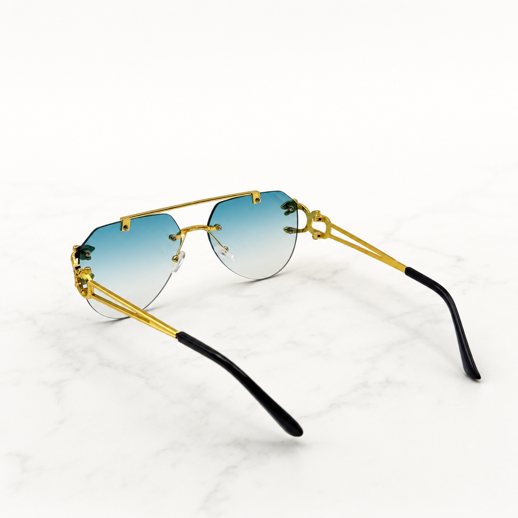 Bold Gold Panther-Arm Aviator Sunglasses: Rimless Blue Gradient Lens, Luxury Fashion Shades with Personalized Sunglasses Case