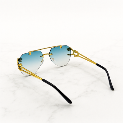 Bold Gold Panther-Arm Aviator Sunglasses: Rimless Blue Gradient Lens, Luxury Fashion Shades with Personalized Sunglasses Case
