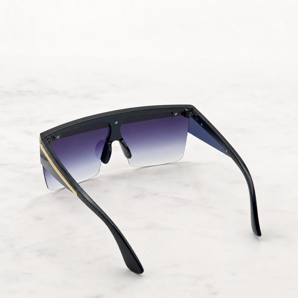 Oversized Celebrity Shield Sunglasses - Gradient Purple Lens, Gold Trim, Unisex Fashion Visor for Festivals with Personalized Case