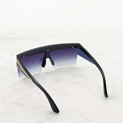 Oversized Celebrity Shield Sunglasses - Gradient Purple Lens, Gold Trim, Unisex Fashion Visor for Festivals with Personalized Case