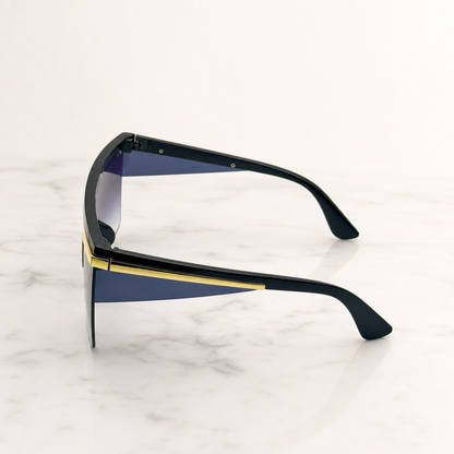 Oversized Celebrity Shield Sunglasses - Gradient Purple Lens, Gold Trim, Unisex Fashion Visor for Festivals with Personalized Case