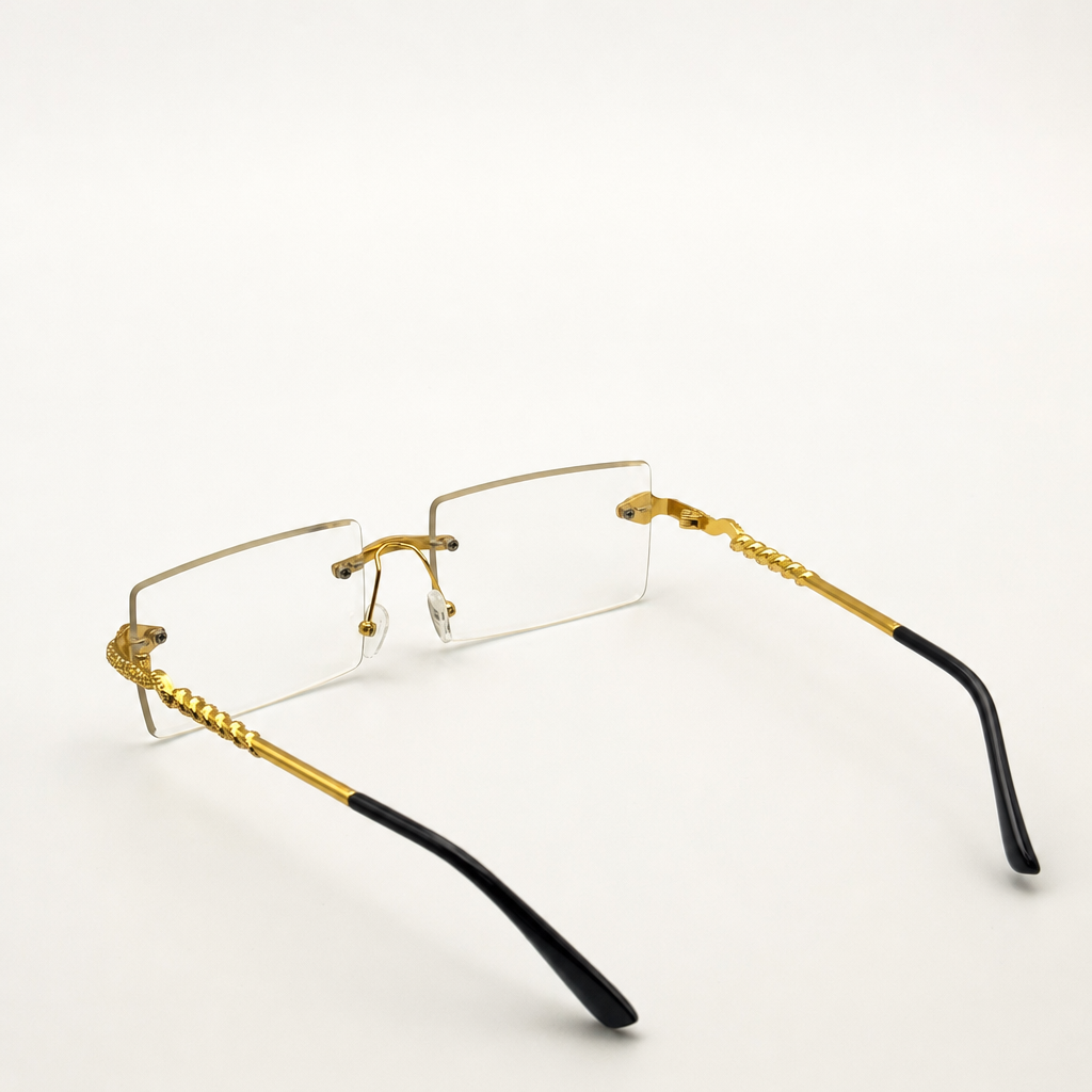 Luxurious Dragon Arm Square Rimless Sunglasses - Multicolor Lenses, Gold Snake Frame, Unisex Festival Shades with Personalized Case