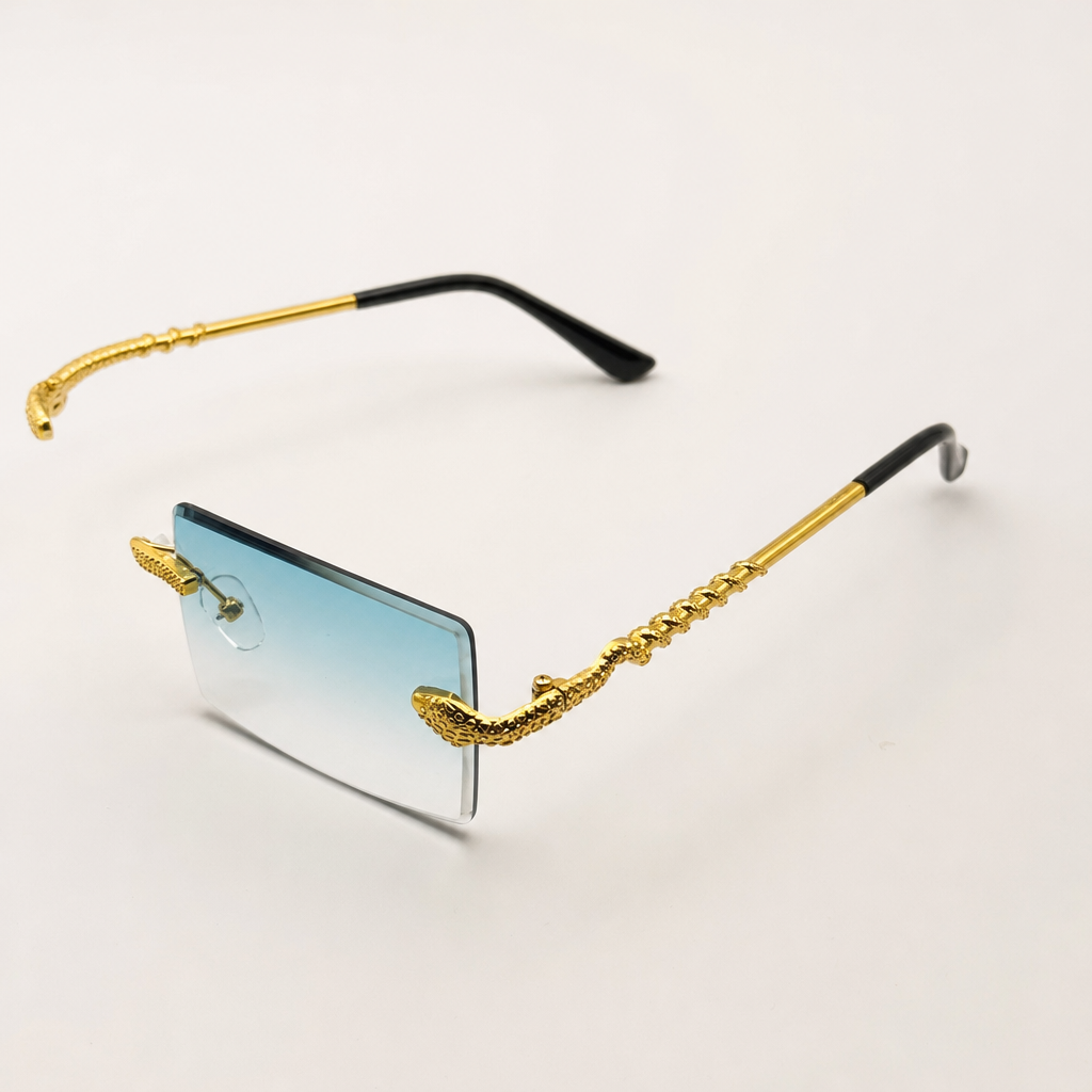 Luxurious Dragon Arm Square Rimless Sunglasses - Multicolor Lenses, Gold Snake Frame, Unisex Festival Shades with Personalized Case