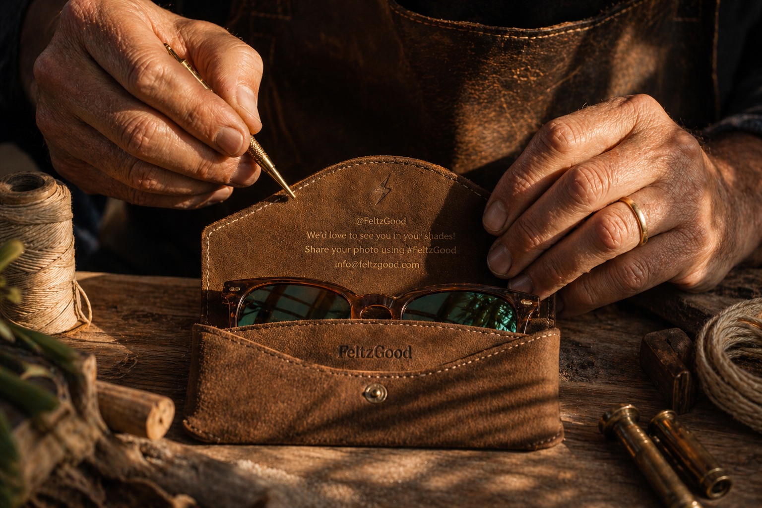 Artisan hand-engraving custom gold lettering inside a premium brown suede FeltzGood sunglasses case resting on a rustic wooden table.