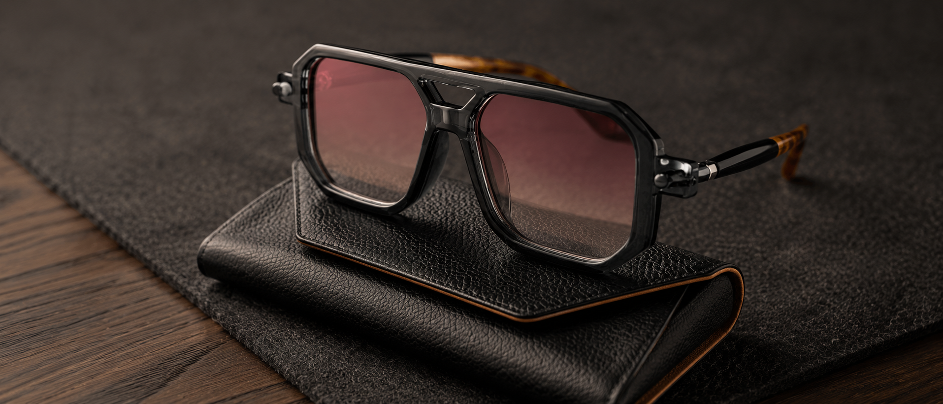 FeltzGood premium black geometric sunglasses with tortoiseshell arms resting on a textured black leather carry case against a dark felt background.