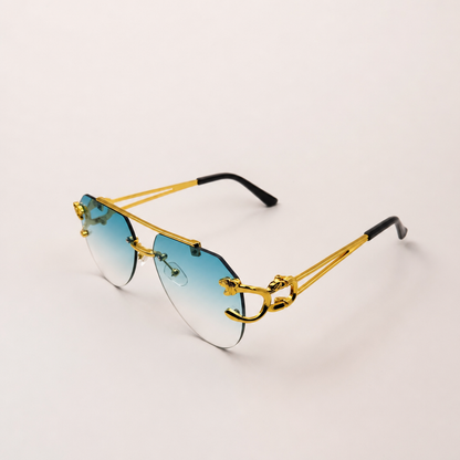 Bold Gold Panther-Arm Aviator Sunglasses: Rimless Blue Gradient Lens, Luxury Fashion Shades with Personalized Sunglasses Case