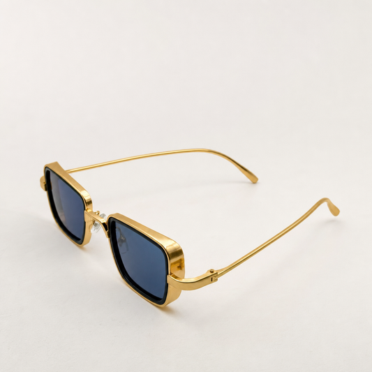 Retro Gold Frame Rectangle Sunglasses - Unisex Vintage Eyewear with Deep Blue Lenses with Personalized Sunglasses Case