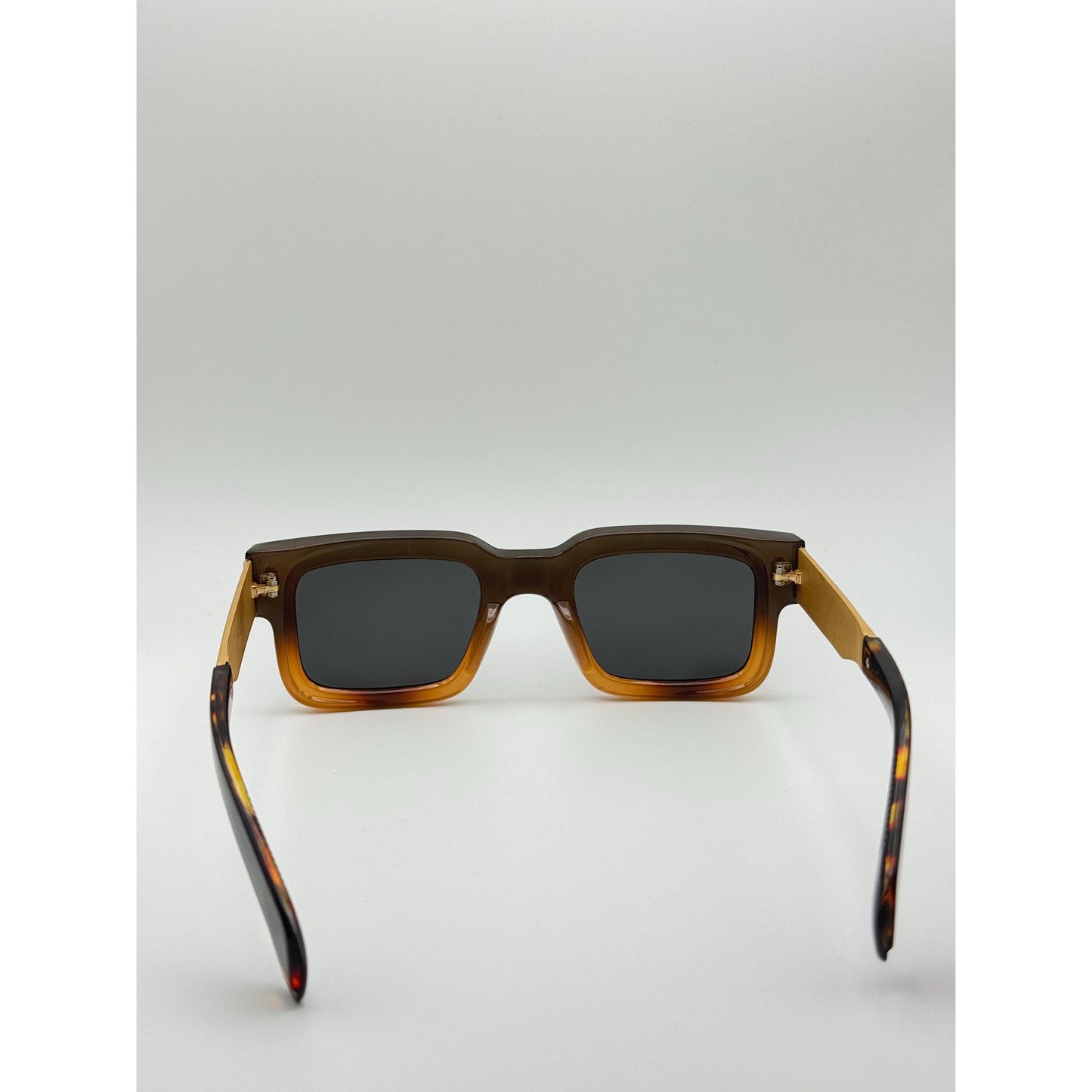 Vintage-Inspired Polarized Sunglasses: Square Black & Amber Frame, Gold Temples, UV400 Protection with Personalized Sunglasses Case