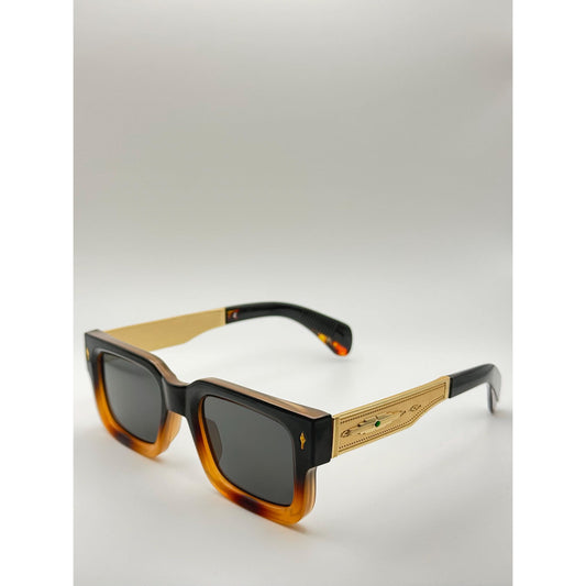Vintage-Inspired Polarized Sunglasses: Square Black & Amber Frame, Gold Temples, UV400 Protection with Personalized Sunglasses Case