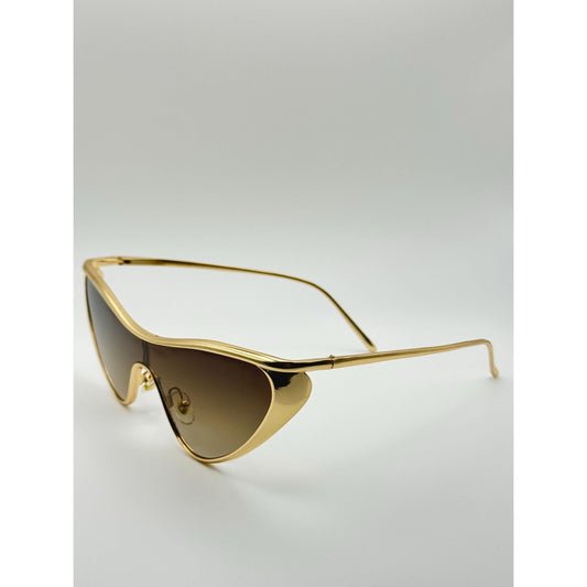 Futuristic Gold Cat-Eye Shield Sunglasses: Unisex Gradient Lens UV400 Fashion Eyewear for Festivals with Personalized Sunglasses Case