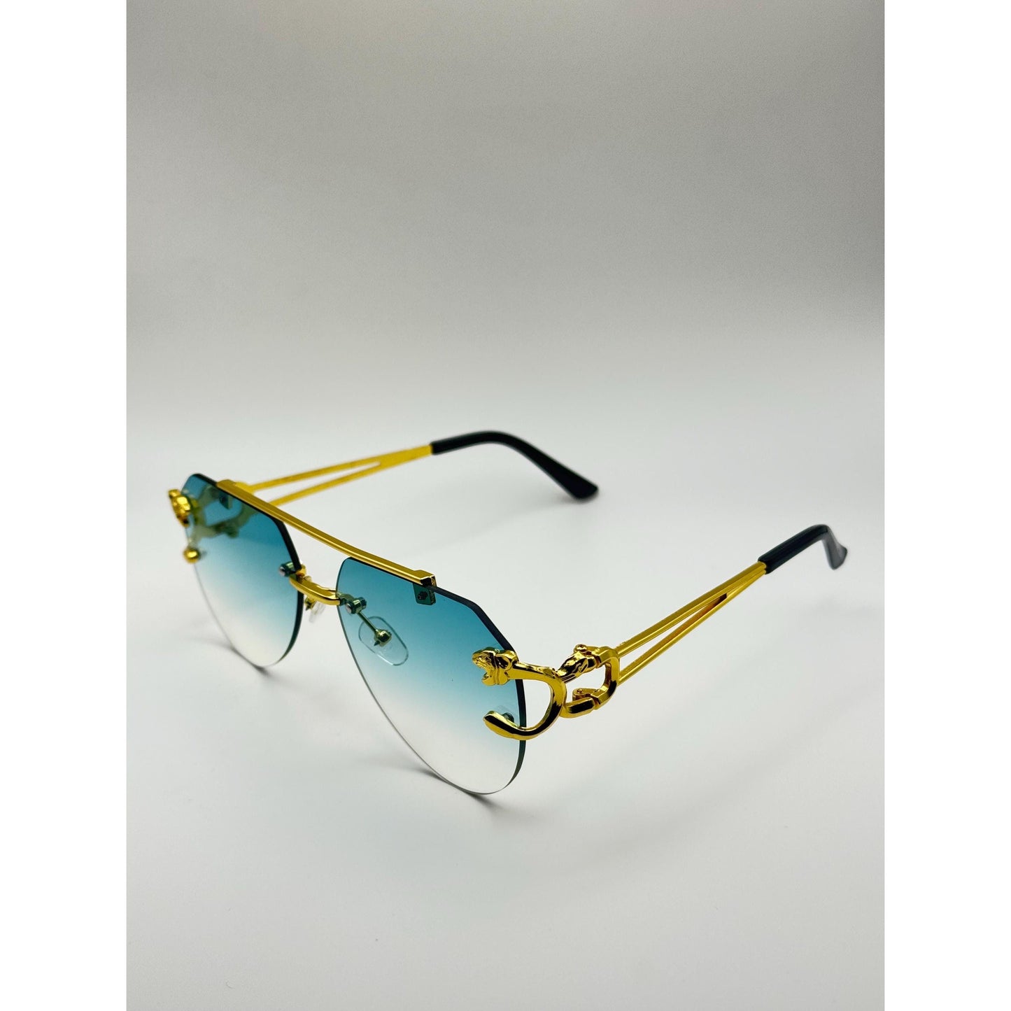 Bold Gold Panther-Arm Aviator Sunglasses: Rimless Blue Gradient Lens, Luxury Fashion Shades with Personalized Sunglasses Case