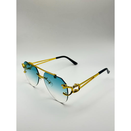 Bold Gold Panther-Arm Aviator Sunglasses: Rimless Blue Gradient Lens, Luxury Fashion Shades with Personalized Sunglasses Case