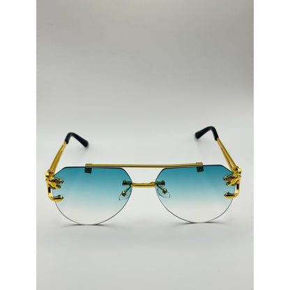 Bold Gold Panther Arm Aviator Sunglasses Rimless Blue Gradient Lens Luxury Fashion Shades With Personalized Sunglasses Case adjustable tint sunglasses - View 5