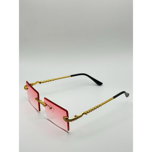 Luxurious Dragon Arm Square Rimless Sunglasses - Multicolor Lenses, Gold Snake Frame, Unisex Festival Shades with Personalized Case
