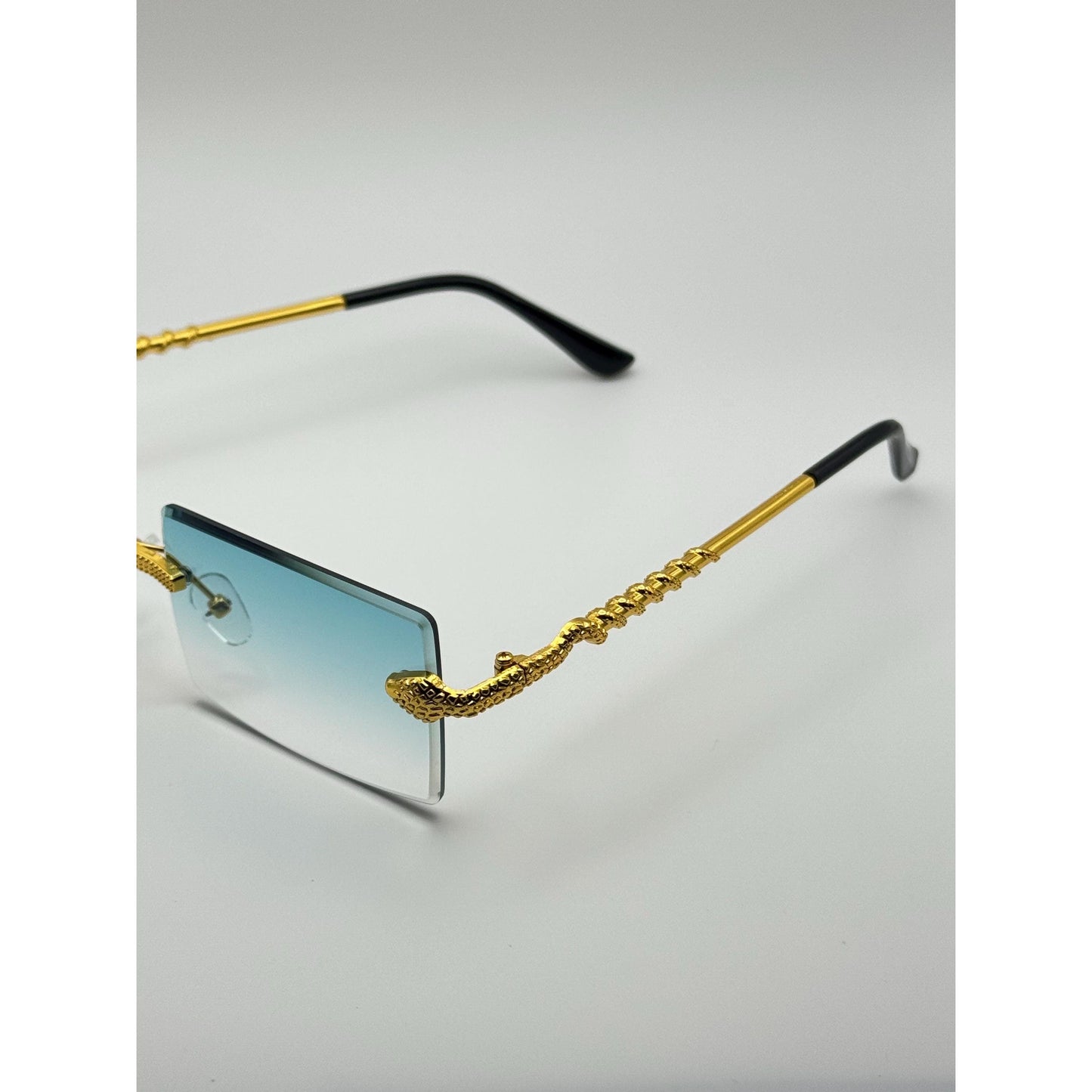 Luxurious Dragon Arm Square Rimless Sunglasses - Multicolor Lenses, Gold Snake Frame, Unisex Festival Shades with Personalized Case