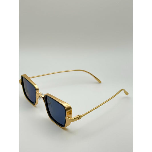 Retro Gold Frame Rectangle Sunglasses - Unisex Vintage Eyewear with Deep Blue Lenses with Personalized Sunglasses Case