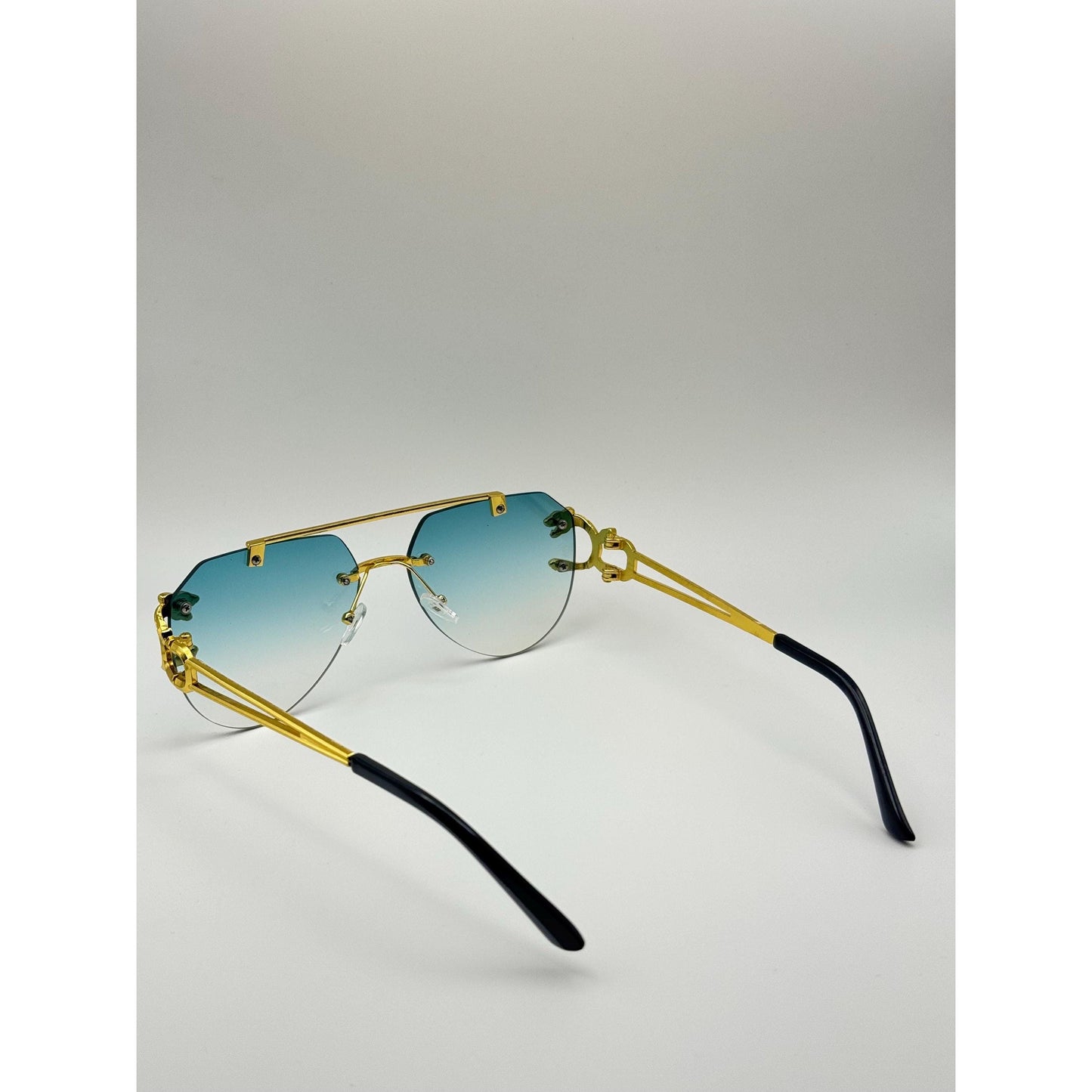 Bold Gold Panther-Arm Aviator Sunglasses: Rimless Blue Gradient Lens, Luxury Fashion Shades with Personalized Sunglasses Case