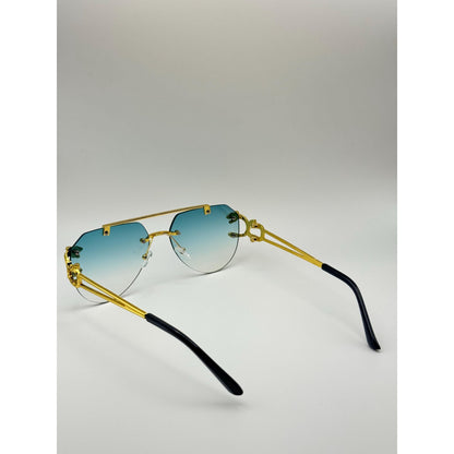 Bold Gold Panther Arm Aviator Sunglasses Rimless Blue Gradient Lens Luxury Fashion Shades With Personalized Sunglasses Case adjustable tint sunglasses - View 3