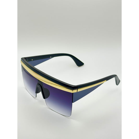 Oversized Celebrity Shield Sunglasses - Gradient Purple Lens, Gold Trim, Unisex Fashion Visor for Festivals with Personalized Case