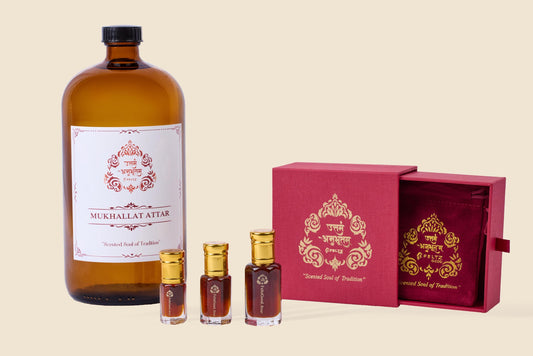 Mukhallat Attar Perfume Oil: Oud, Amber, Rose - Vegan Arabian Blend