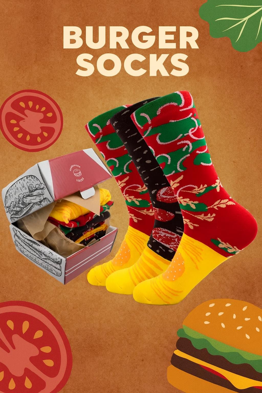 Sushi, Burger, Pizza Funny Food Socks Gift Set  Rolled Cotton Gift for Men & Women